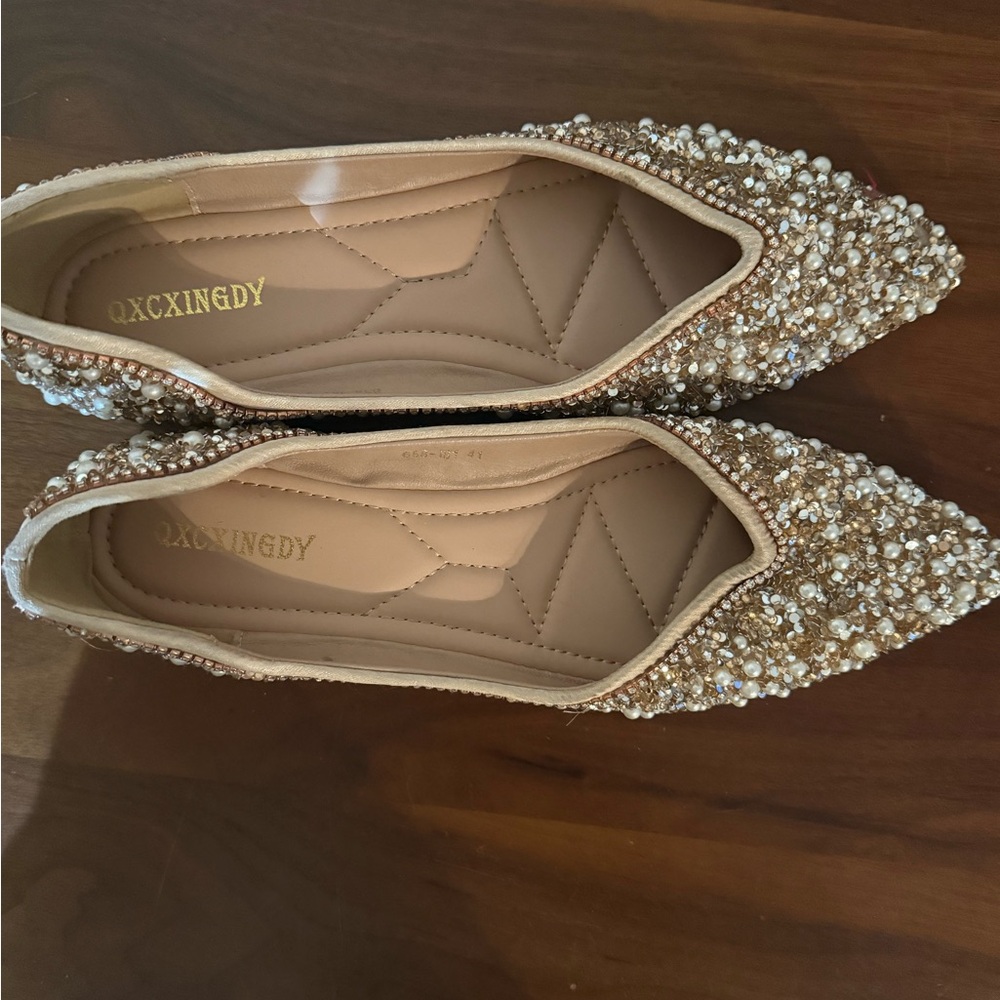 Beaded Pointed Toe Flats in Champagne